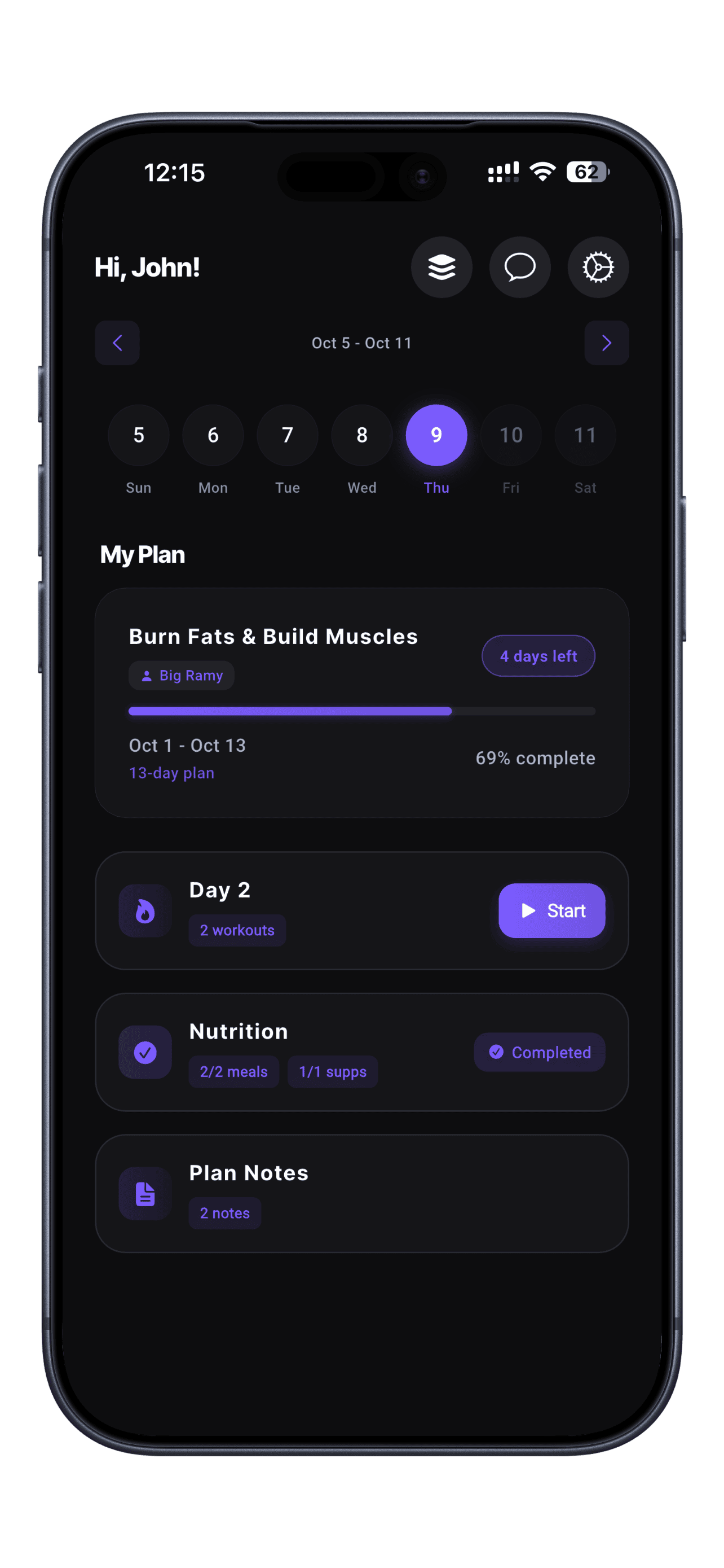 Your Clients Get - Beautiful home screen with their plan, workouts, nutrition, and progress all organized