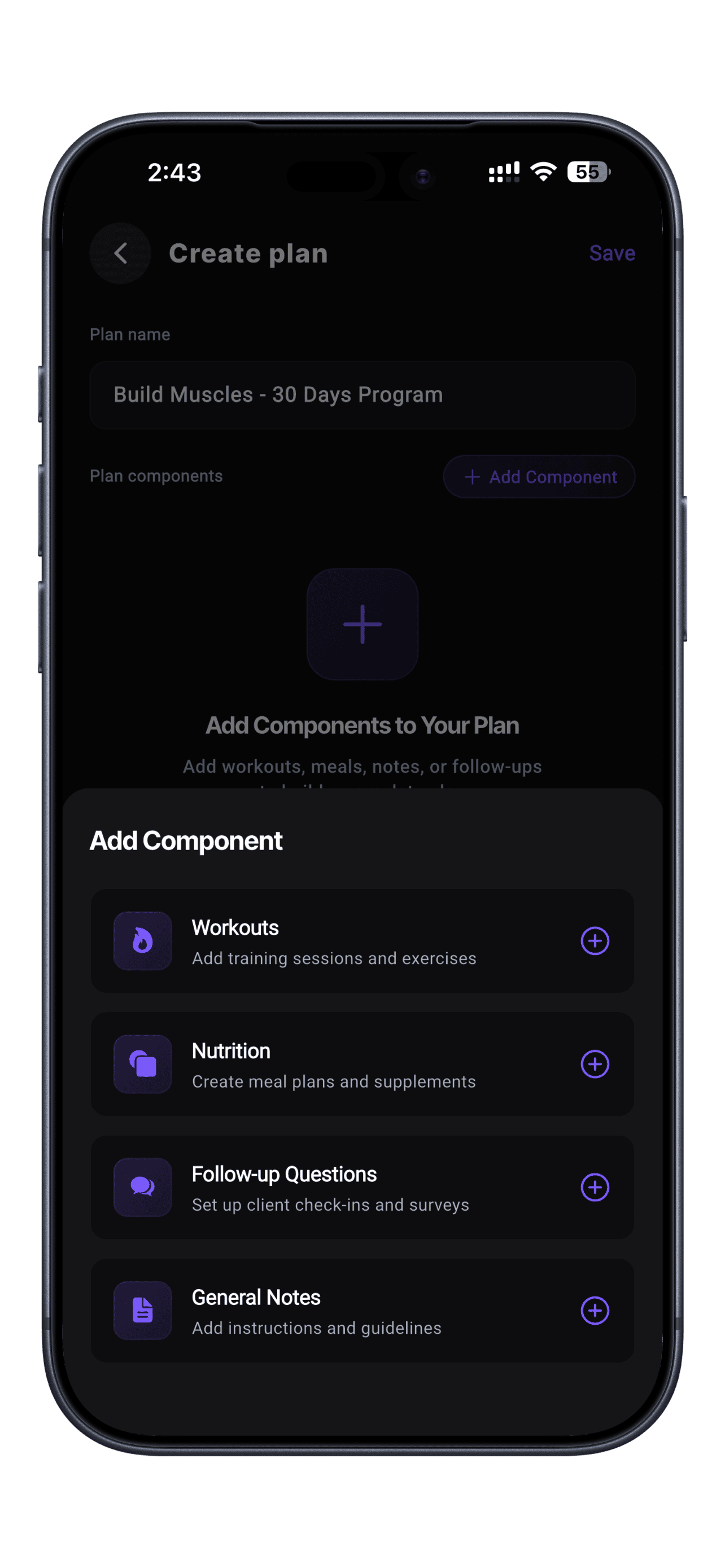 Plan Builder - Build workouts, nutrition, automated follow up questions, and add your notes