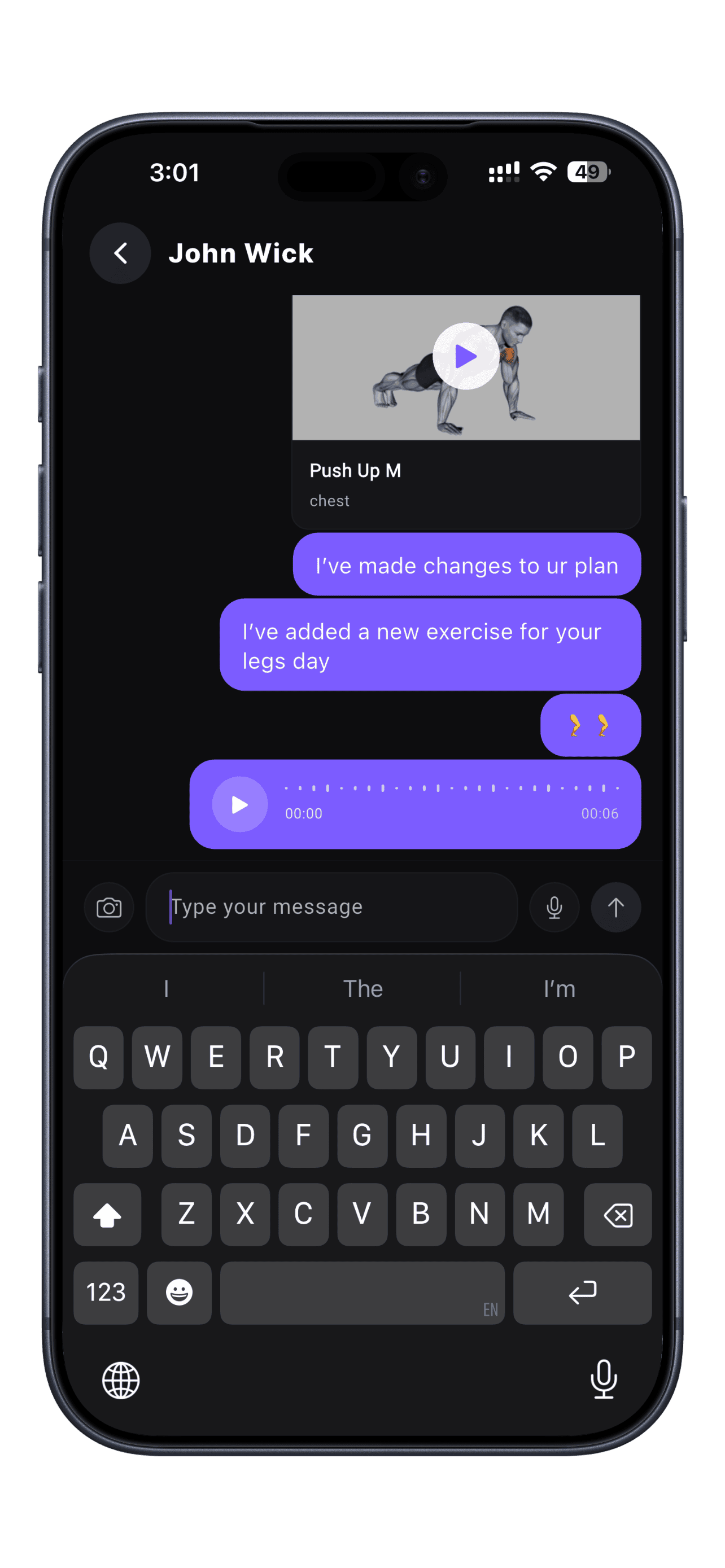 Stay Connected - Message your clients with text, voice notes, photos, and share workouts directly from your exercise library